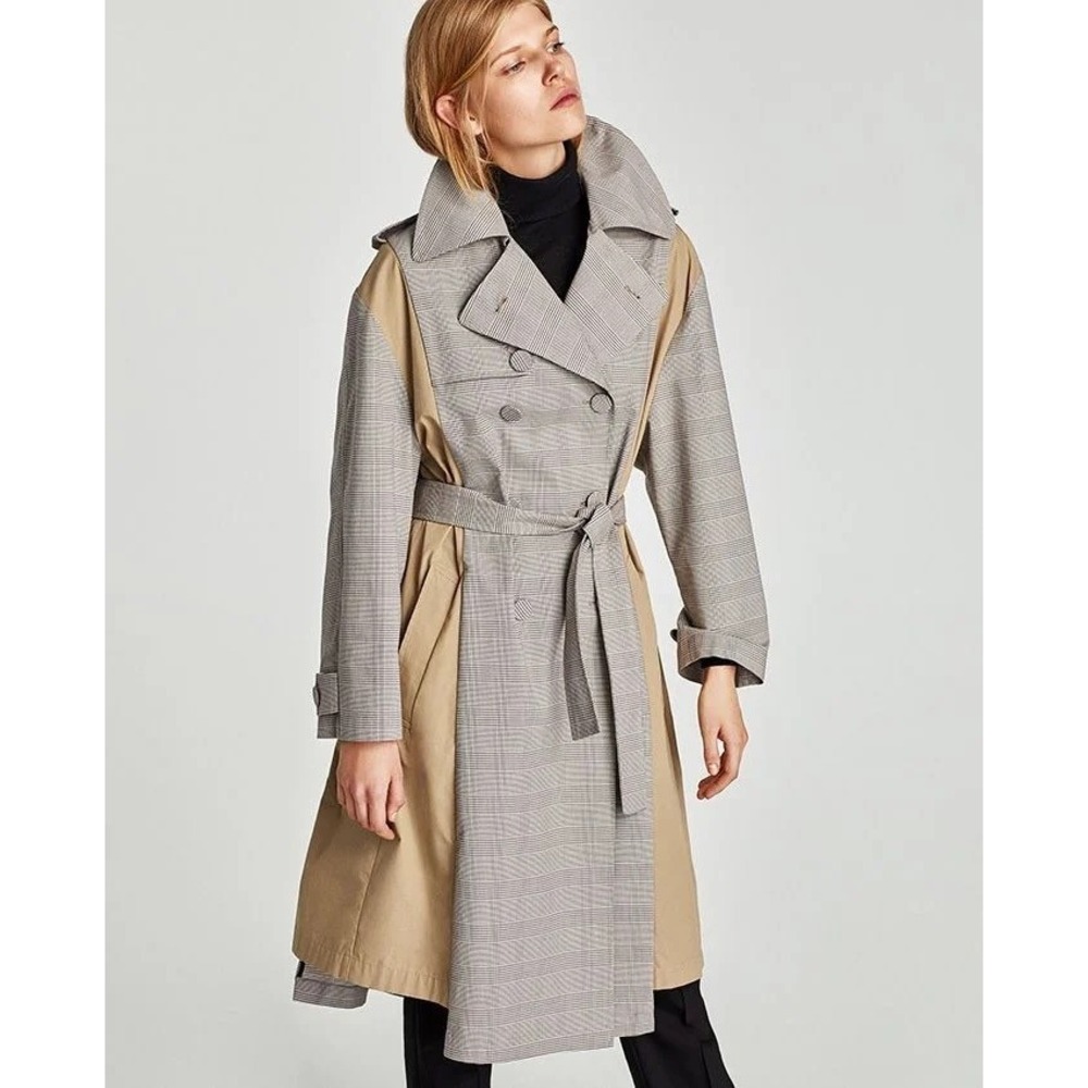 Zara Woman Mixed Media Glen Check Trench Coat Tan Plaid Double Breasted Medium